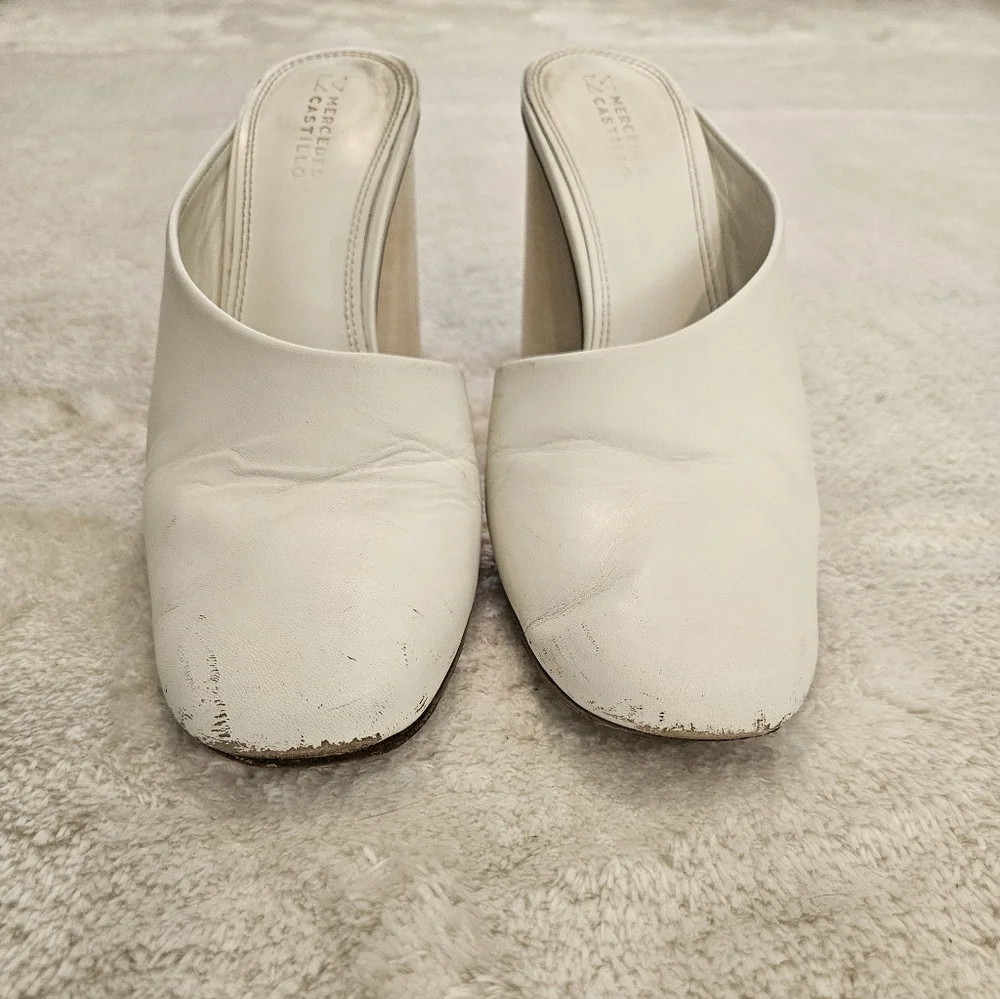 Mercedes Castillo Leather White Chunly Heel Mules Size 9.5 Business Casual Party - Picture 4 of 6